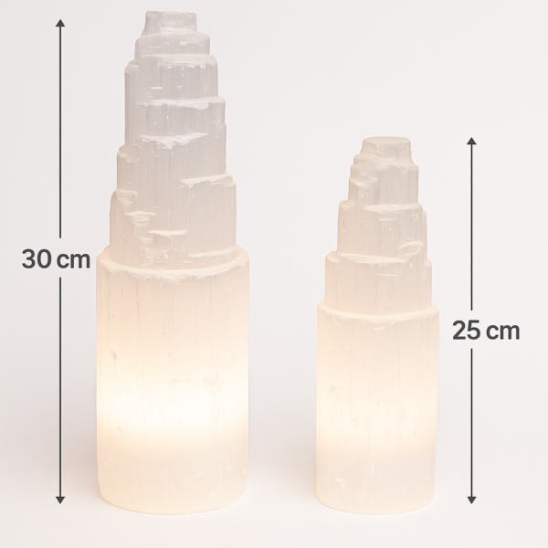 Tour de sélénite avec Lampe LED – 25 cm & 30 cm | Protection, Harmonie et Lumière