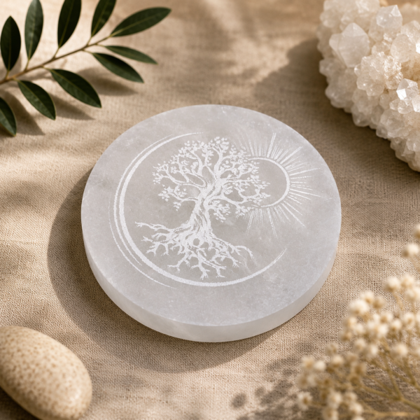 Plaque de Rechargement en Sélénite Naturelle | Motif Spirituel au Choix
